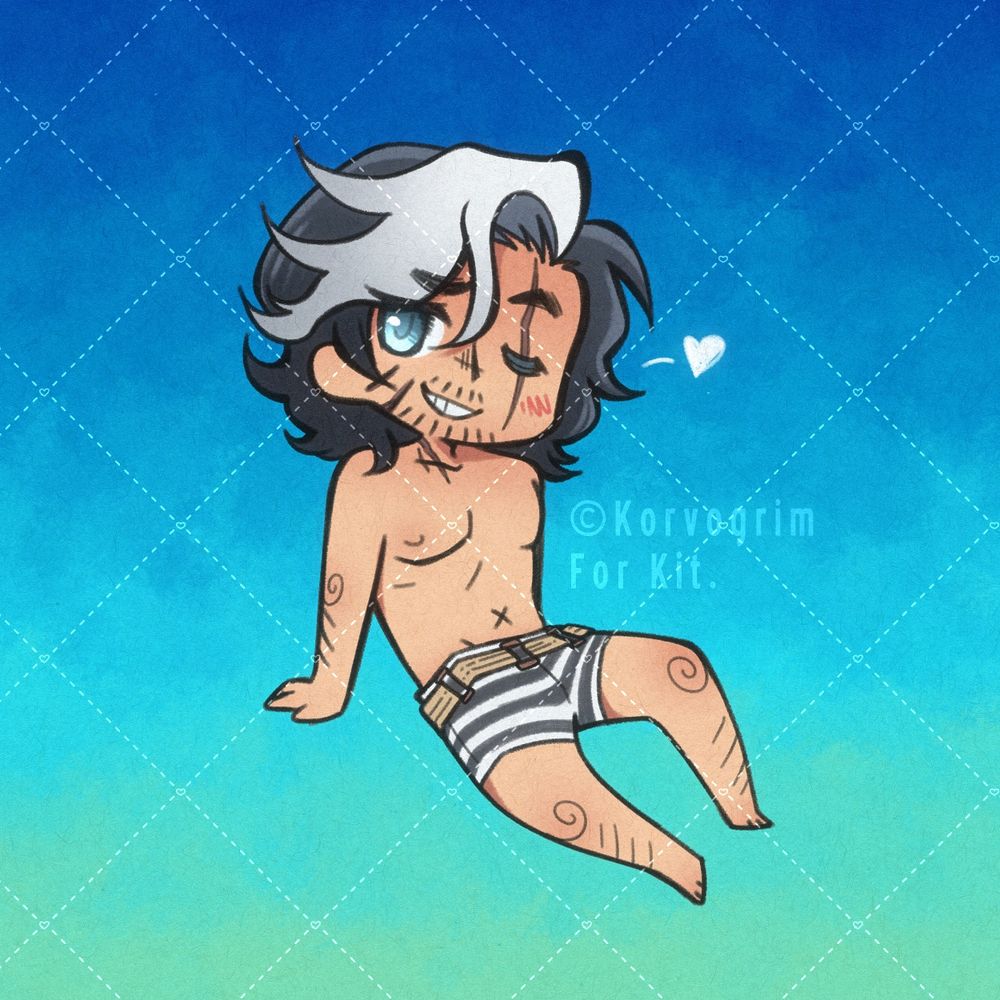 Digital chibi fanart of Verso in his special swimsuit winking and being flirty. It’s over a gradient background of blue & teal. The artwork is very cute and vibrant!
