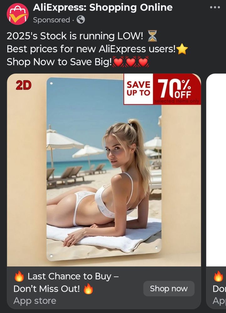 AliExpress advert of a woman lying on a beach towel but her butt and boobs face the same way
