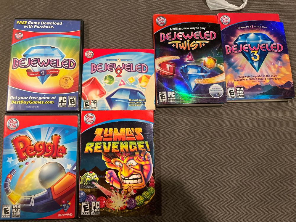 Every game (from left to right, top to bottom): Bejeweled, Bejeweled 2, Bejeweled Twist, Bejeweled 3, Peggle, and Zuma’s Revenge!