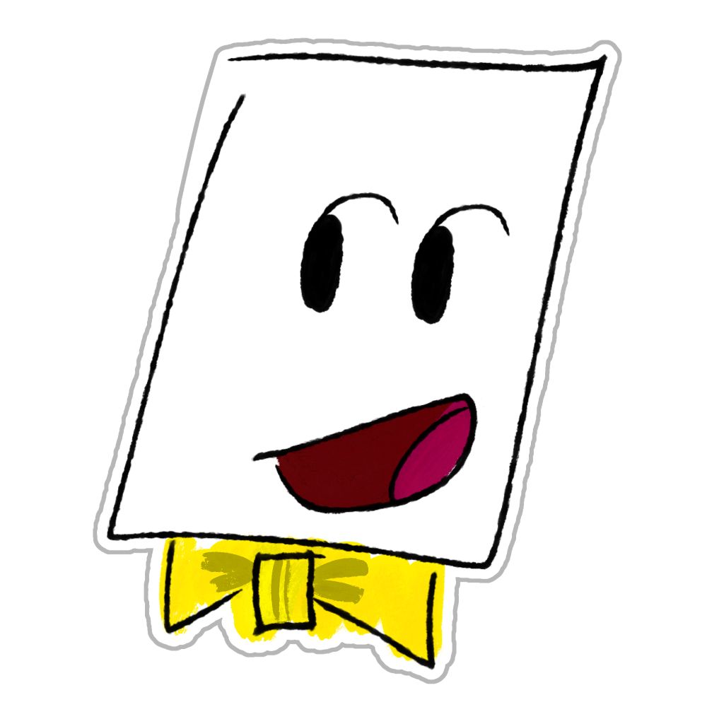 A sticker of Mr. W, a man with comma-like eyes, an open mouth, and a yellow bowtie.