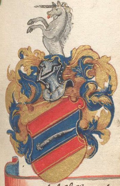 Heraldic shield divided into 5 diagonal stripes - yellow, red, blue, red, and yellow. On the blue stripe is a white unicorn's horn. The crest is the top half of a white unicorn.