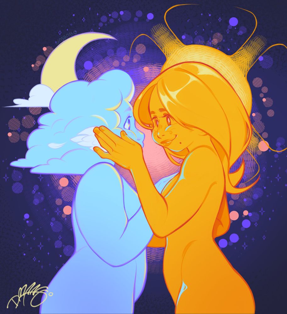two characters standing close and holding each other with tenderness, both representing the sun and the moon with warm and cold colors in contrast with a dark background. Both characters look into each other's eyes, smiling.