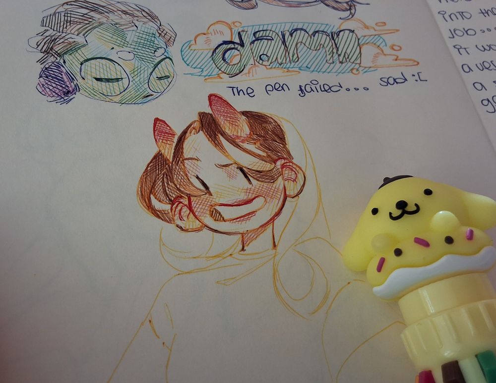 low quality picture of an unfinished drawing of my persona, a little mix between human and demon with just red horns to show for that because i forgot to draw her pointy ears and red markings under their eyes. next to them, you can see my pompompurin multicolor pen, posing proud and smily because i used him to draw this little sketch. and on top of them both is a sketch of @/funky_pepe 's oc, little frog guy wearing headphones, on his right is the word "damn" written in a funny way, with "the pen failed.. sad :(" under it because the pompompurin multicolored pen! did fail. 