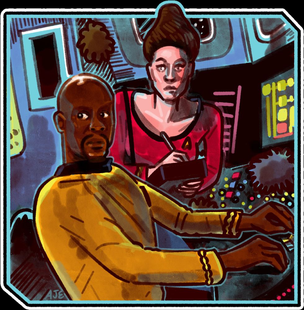 Star trek digital illustration of Sisko and Dax on the bridge of the Enterprise from the episode Trials and Tribble-ations.