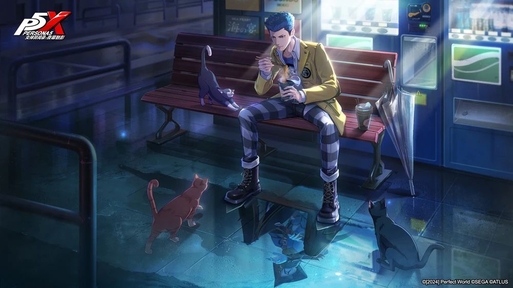 Art of Shun Kano from Persona 5: The Phantom X gacha game, sitting on a bench, eating ramen surrounded by cats.