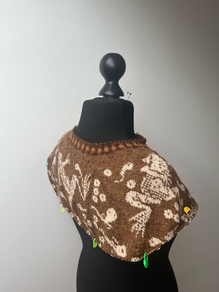 Partly knit sweater with motif of frogs and tadpoles. 