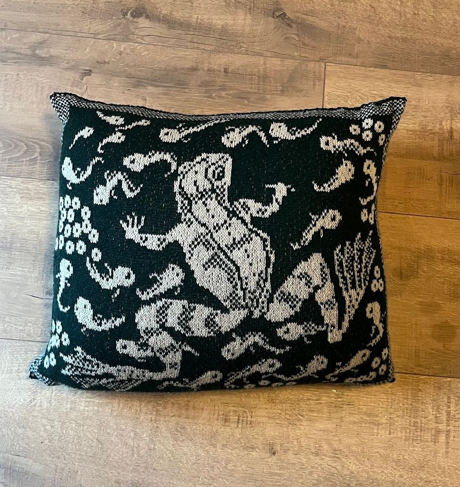Knitted cushion or pillow with a motif of a frog surrounded by tadpoles and frogspawn.