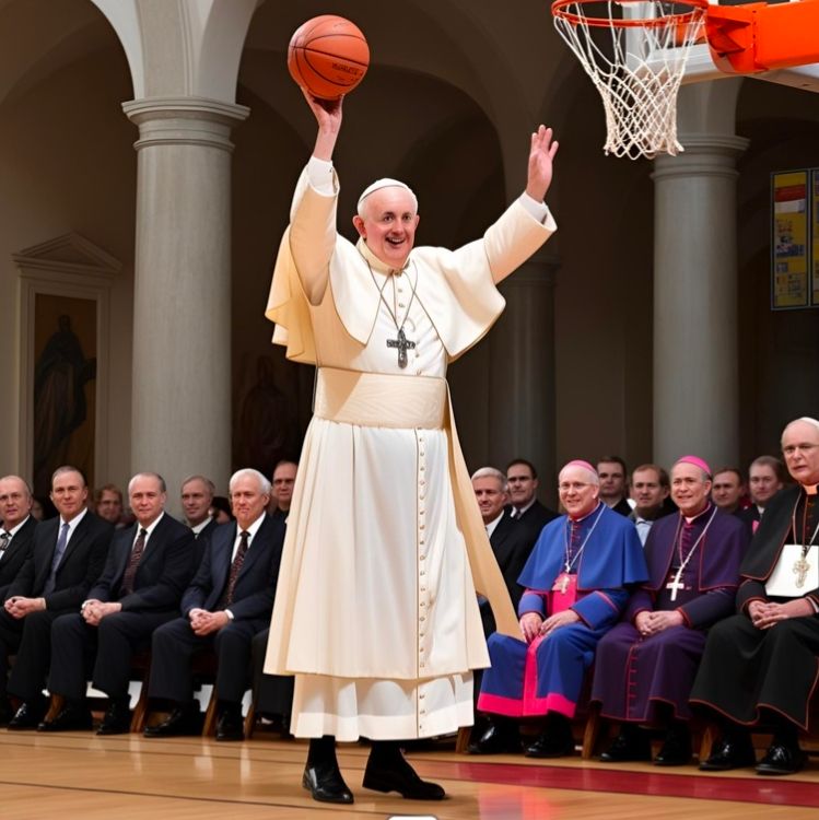 Pope Benedict dunking a basketball as a bunch of old white dudes watch.