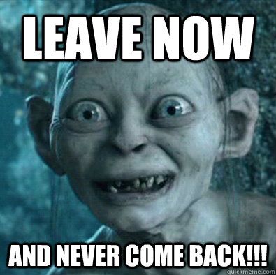 Gollum declaring LEAVE NOW AND NEVER COME BACK!!!