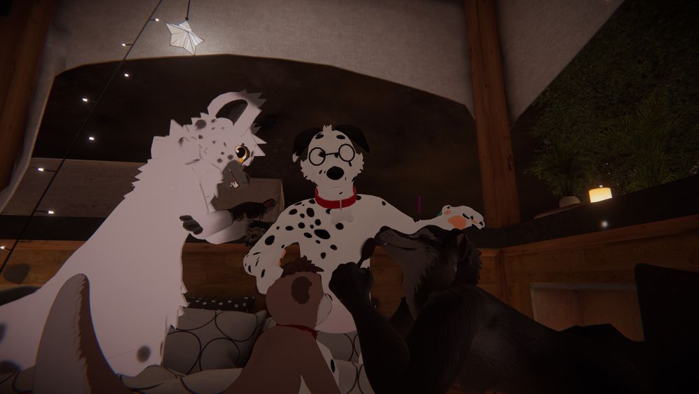 A Dalmatian in a cozy 3D environment getting brushies from various other 3D furries. The internet is amazing.