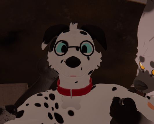 A crop of a 3D Dalmatian in a red collar. He's getting a spot picked off by a pinching hyena. Rude.