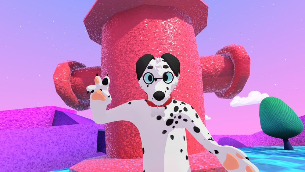 A screenshot of a 3D Dalmatian giving victory fingers while in front f a giant fire hydrant.