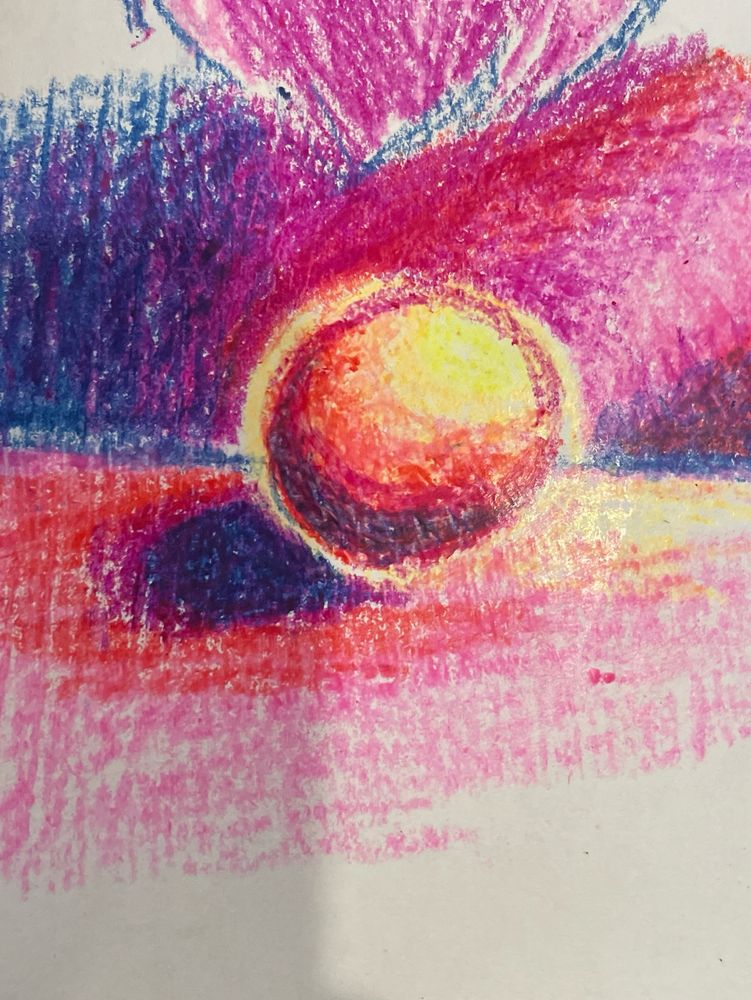 crayon coloring of a sphere. study of light and colors. warm lighting and cool shadows.