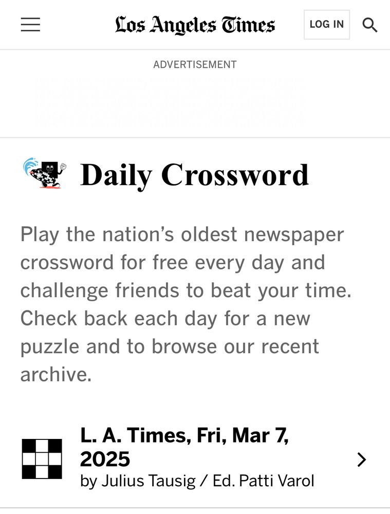 Screenshot of the LA Times crossword splash page for Friday March 7 2025