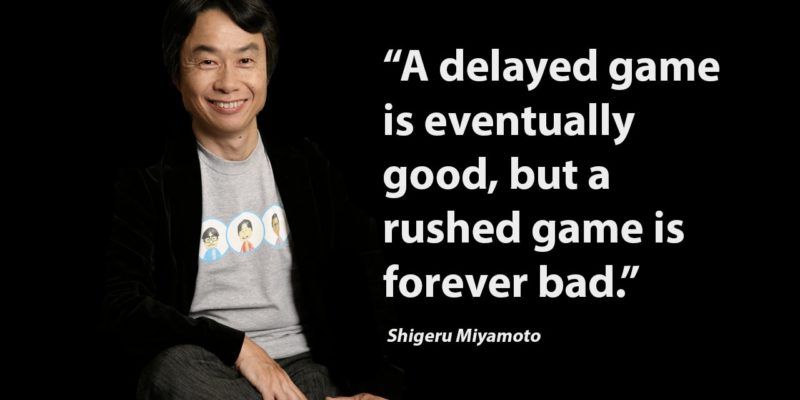 Photo de Shigeru Miyamoto, accompagnée d'une de ces citations: "Un jeu vidéo repoussé sera éventuellement bon, mais un jeux précipité sera mauvais pour toujours"