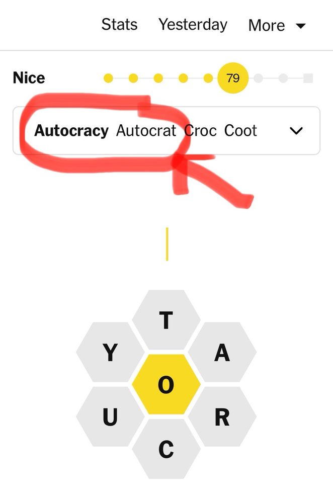 Screenshot from 12/6/2025 NYT Spelling Bee puzzle with two found words circled for emphasis: AUTOCRACY and AUTOCRAT. 
