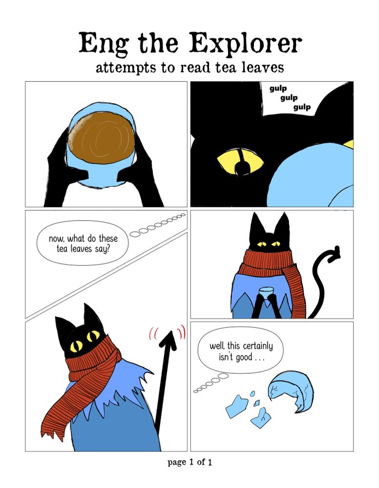 a 1-page comic of a cat-goblin creature being startled by the results of a tea leaf reading.