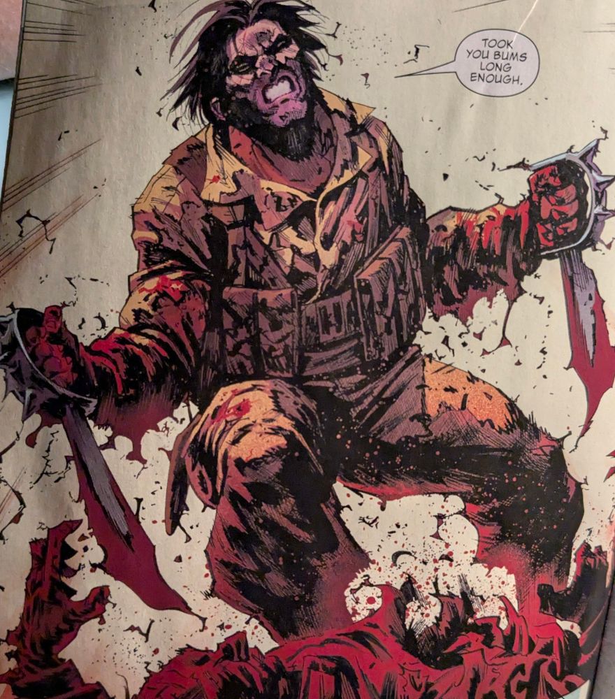 Marvel comic's Wolverine slaughtering Nazis with two-handed blades