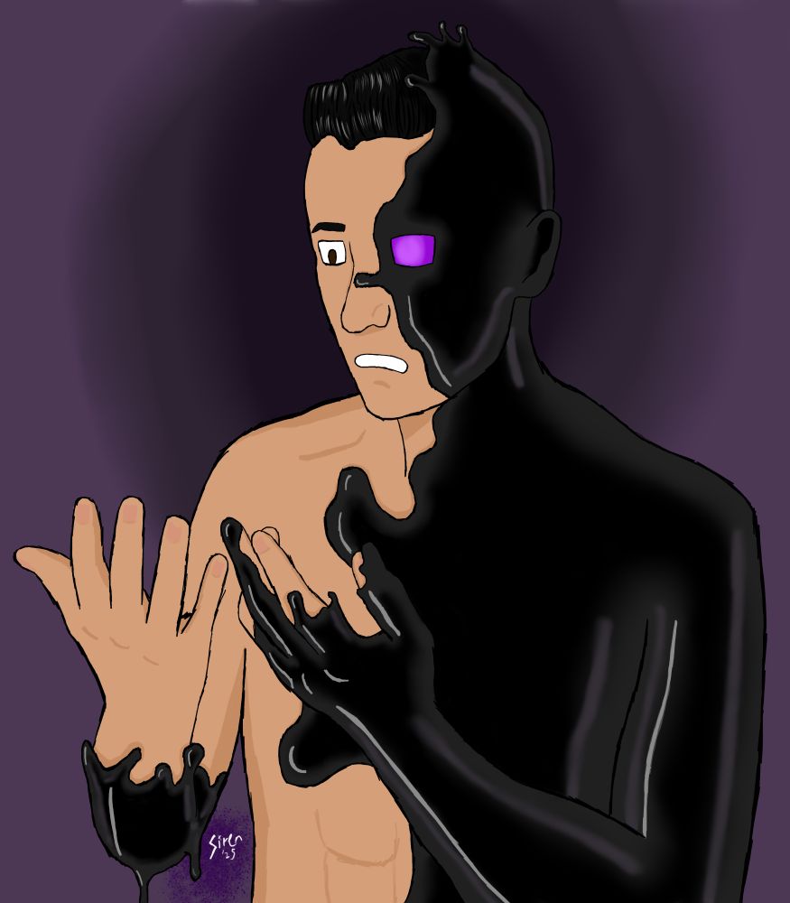 A soon-to-be drone being slowly covered by sentient liquid latex, and transformed into a part of the collective.