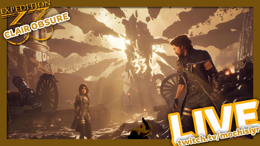 thumbnail promoting that a Clair Obscure: Expedition 33 livestream is now live on twitch.tv/mochislyr