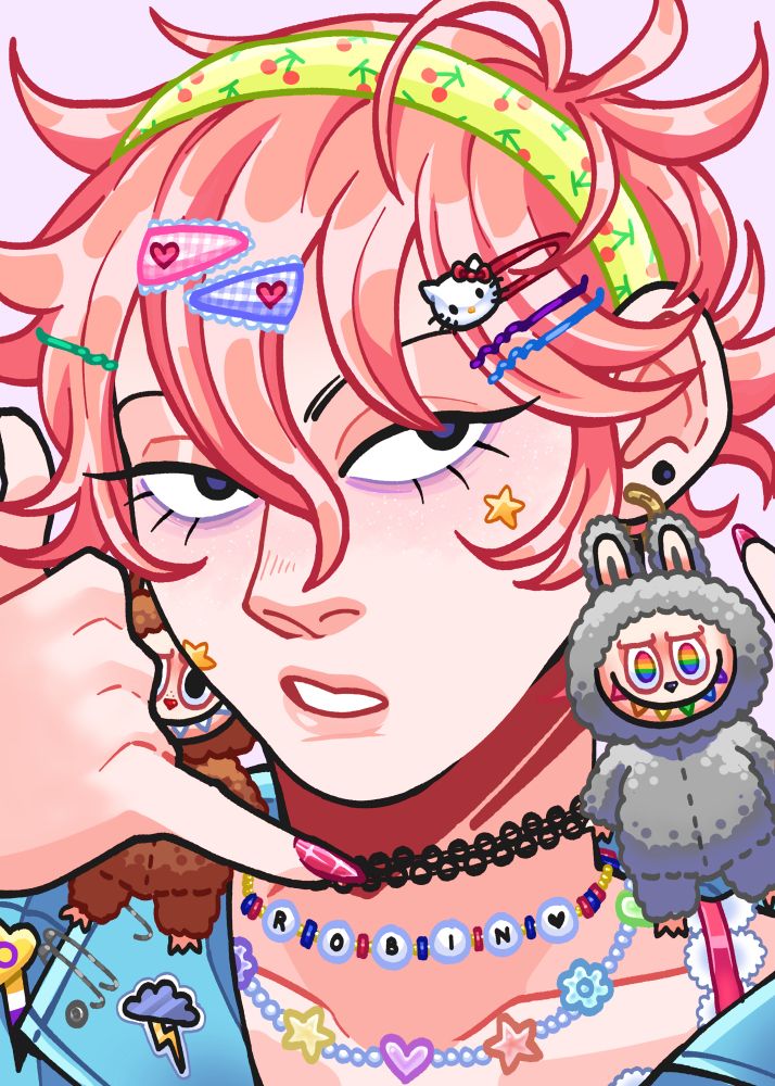 My OC Robin wearing lots of colourful accessories. They have two rare labubu figures that are being worn as earrings. They are gesturing ‘call me’ with their hand.