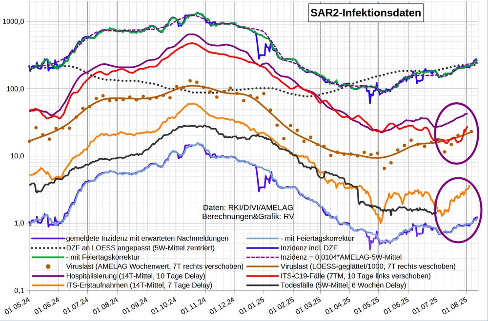 Die Grafik zeigt auf logarithmischer Skala wichtige Infektionsparameter:
- die Inzidenz nach Meldedatum (mit Nowcast für die letzten 5 Tage)
   - nach Berichtsdatum (Feiertags-korrigiert)
- den DZF aus den Abwasserdaten
- die Inzidenz inkl. Dunkelfeld nach Meldedatum
  - nach Berichtsdatum
- die Inzidenz in der SentiSurv Stichprobe (nur bis März '24)
- die wöchentlichen AMELAG-Daten, 7T rechts verschoben
- die SARS2-Viruslast (in 1000/Liter, LOESS-geglättet, 7T Vorlauf)
- die (reale) Inzidenz nach AMELAG [0,0104*Viruslast] (zentriertes, mittig stärker gewichtetes 5-Wochen-Mittel, 7T Vorlauf)
- Hospitalisierung (14T-Mittel der 7T-Mittel, 10 Tage Delay)
- Coronafälle auf ITS (7T-Mittel, 10 Tage Delay)
- C19-Erstaufnahmen auf ITS (14T-Mittel, 7 Tage Delay)
- die berichteten C19-Todesfälle (35T-Mittel mit 42 Tage Delay)

Nach Datenstand 5.8. ist der R-Wert der LOESS-Glättung seit Wochen über 1 und steigend, zuletzt 1,06; beim 5W-Mittel fällt er auf 1,03. Den DZF habe ich vorsichtig von 220 auf 225 erhöht (rechnerisch höher).

Heute wurden 5 Erstaufnahmen gemeldet; die Belegung ist 31 (+ zwei Kinder). 

Die ITS-Quote (ITS-Belegung/Infektionen_10_Tage_zuvor) ist mit 0,11%, immer noch viel weniger als das Mittel seit Jahresbeginn (0,26%) und als im Mittel der entsprechenden Tage '24 (0,21%). Das bedeutet wahrscheinlich, dass weniger Patienten von der Normalstation auf ITS verlegt werden.
Die mittlere ITS-Dauer ist mit 7,5 Tagen etwas unter dem normalen Bereich (8-12 Tage).

Im Grippeweb wird für KW31 eine Inzidenz von 200 (symptomatischen Fällen je 100.000 Einwohner) angegeben.
Bei Grippeweb plus war die Inzidenz im Juni etwa 50 (ein Fall in der viel zu kleinen Kohorte von 480 Haushalten).
[Ein Fall im Monat entspricht einer (symptomatischen) 7-Tage-Inzidenz von ca. 50.]