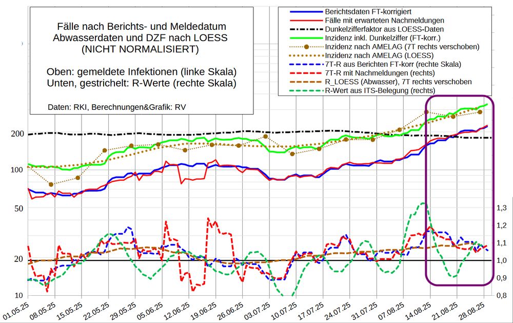Die Grafik zeigt oben die 7T-Mittel der Fallmeldungen nach Berichtsdatum (auch um geschätzte fehlende/nachgemeldete Daten für Feiertage korrigiert) sowie die Fallzahl nach Meldedatum, adjustiert mit Nowcast der erwarteten Nachmeldungen. Außerdem ist die aus der NICHT NORMALISIERTEN Abwasser-Viruslast berechnete Inzidenz sowie der aktuelle Dunkelzifferfaktor und die Inzidenz (nach Meldedatum) inkl. DZF aufgetragen. 

Im unteren Bereich stehen gestrichelt R-Werte (d.h. geglättete 4-Tages-Änderungen):
Fälle nach Berichts- und Meldedatum, Viruslast (AMELAG LOESS) und ITS-Belegung.

Die verschiedenen Datenquellen (AMELAG normalisiert) ergeben folgendes Bild:
Mittelfristig hatten wir ab Juni ein Plateau mit einer mittelhohen Inzidenz von 140-170; R schwankte um 1,0. Seit August steigen die Infektionen wieder stark (R~1,1). Auch die Belastung der Krankenhäuser durch Covid steigt wieder (ITS zuletzt nicht mehr).
