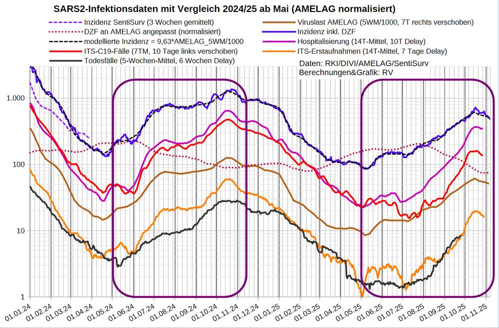 Die Grafik zeigt auf logarithmischer Skala wichtige Infektionsparameter:
- den DZF aus den Abwasserdaten (NORMALISIERT)
- die Inzidenz inkl. Dunkelfeld FT-korrigiert
- die Inzidenz in der SentiSurv Stichprobe (nur bis März '24)
- die wöchentlichen nicht normalisierten AMELAG-Daten (5W-Mittel, zentriert)
- modellierte Inzidenz nach den Abwasserdaten
- Hospitalisierung (14T-Mittel, 10 Tage Delay)
- Coronafälle auf ITS (7T-Mittel, 10 Tage Delay)
- C19-Erstaufnahmen auf ITS (14T-Mittel, 7 Tage Delay)
- die berichteten C19-Todesfälle (35T-Mittel mit 42 Tage Delay)

Die mittlere ITS-Dauer (Belegung/14TMittel_Erstaufnahmen) liegt mit 8,5 Tagen im normalen Bereich (8-12 Tage).