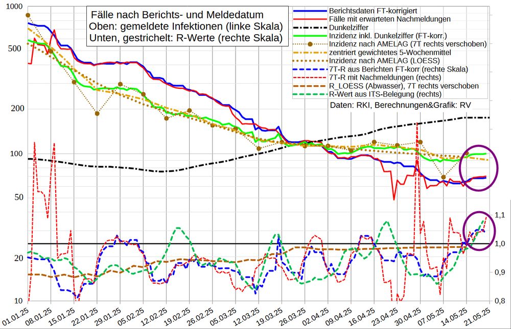 Die Grafik zeigt oben die 7T-Mittel der Fallmeldungen nach Berichtsdatum (auch um geschätzte fehlende/nachgemeldete Daten (Feiertage) korrigiert) sowie die Fallzahl nach Meldedatum, in den letzten 5 Tagen ergänzt um erwartete Nachmeldungen. Außerdem ist die aus der Abwasser-Viruslast berechnete Inzidenz sowie der aktuelle Dunkelzifferfaktor und die Inzidenz (nach Meldedatum) inkl. DZF aufgetragen. 

Im unteren Bereich stehen gestrichelt R-Werte:
Fälle nach Berichts- und Meldedatum, Viruslast (AMELAG LOESS) und ITS-Belegung.

Die Fallmeldungen ohne FT-Korrektur sind von dem Berliner Feiertag am 8.Mai beeinflusst. Zuletzt sieht es nach einem (hoffentlich schnell vorübergehenden) Anstieg aus - auch ohne Berücksichtigung der wohl gestiegenen Dunkelziffer.

Erstaunlich ist die anhaltend hohe Inzidenz im Grippeweb (~100, nur symptomatische Fälle).
Die deutlich überhöhte Zahl im Grippeweb (~390) plus liegt wohl an der viel zu kleinen Kohorte (bundesweit 600 in 480 Haushalten).


Daten, in Klammern: vs. (Vortag/Vorwoche) bzw. (Vorwoche): 

Fälle nach Berichtsdatum: 120 (111)
 - 7T-Mittel: 71,1 (+2%/+14%)
- FT-korr: 117 (113)
 - 7T-M: 68,6 (+1%/+6%)
nach Meldedatum: 84 (87)
- 7T-Mittel: 60,3 (-3%/+14%)
 - korr: 70,3 (+3%/+17%)

Tote: 2
7T-Mittel: 1,1

R-Werte: 

- Berichte: 1,08 (+0,02]/+0,06)
  - FT-korr: 1,03 (-0,02/+0,02)
- Meldungen fix: 1,08 (+0,06/+0,07)
  - korr: 1,09 (+0,05/+0,13[1.Mai])

- Abwasser (LOESS): 0,99 (0,99)
  - aus 5W-Mittel: 1,01 (0,93)

- ITS-Belegung: 1,08 (+0,02/+0,11)
- ITS-Aufnahmen (14TQ): 1,49 (-0,04/+0,64)‼️
- Tote (14TQ): 0,82 (±0/-0,13)


Inzidenz inkl. Dunkelfeld: etwa 100
- Berichte_FT-korr (DZF 175): 100 (95)
- Meldungen_korr (DZF 175): 103 (88[1.Mai])
- AMELAG (Kalibrierungsfaktor 0,0106):  101 (69)
  - LOESS: 95 (97)
  - 5W-Mittel: 94 (92)
- Grippeweb [KW19‼️, nur symptomatische Fälle]: ~100 (~100)
- Grippeweb plus [April]: ~390‼️ (8 symptomatische Fälle im April in 480 Haushalten)