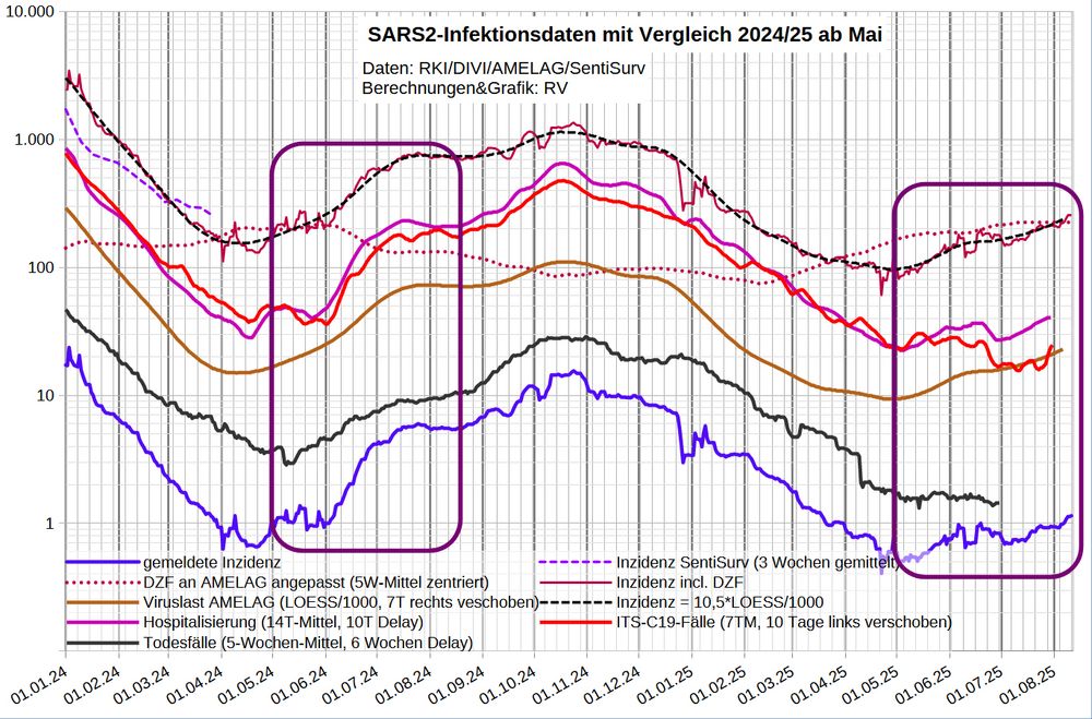 Die Grafik zeigt auf logarithmischer Skala wichtige Infektionsparameter:
- die Inzidenz nach Meldedatum (mit Nowcast für die letzten 5 Tage)
   - nach Berichtsdatum (Feiertags-korrigiert)
- den DZF aus den Abwasserdaten
- die Inzidenz inkl. Dunkelfeld nach Meldedatum
  - nach Berichtsdatum
- die Inzidenz in der SentiSurv Stichprobe (nur bis März '24)
- die wöchentlichen AMELAG-Daten, 7T rechts verschoben
- die SARS2-Viruslast (in 1000/Liter, LOESS-geglättet, 7T Vorlauf)
- die (reale) Inzidenz nach AMELAG [0,0104*Viruslast] (zentriertes, mittig stärker gewichtetes 5-Wochen-Mittel, 7T Vorlauf)
- Hospitalisierung (14T-Mittel der 7T-Mittel, 10 Tage Delay)
- Coronafälle auf ITS (7T-Mittel, 10 Tage Delay)
- C19-Erstaufnahmen auf ITS (14T-Mittel, 7 Tage Delay)
- die berichteten C19-Todesfälle (35T-Mittel mit 42 Tage Delay)

Nach Datenstand 5.8. ist der R-Wert der LOESS-Glättung seit Wochen über 1 und steigend, zuletzt 1,06; beim 5W-Mittel fällt er auf 1,03. Den DZF habe ich vorsichtig von 220 auf 225 erhöht (rechnerisch höher).

Heute wurden 0 Erstaufnahmen gemeldet; die Belegung ist 26 (+ ein Neugeborenes). 

Die ITS-Quote (ITS-Belegung/Infektionen_10_Tage_zuvor) ist jetzt 0,09%, immer noch viel weniger als das Mittel seit Jahresbeginn (0,26%) und als im Mittel der entsprechenden Tage '24 (0,21%). Das bedeutet wahrscheinlich, dass weniger Patienten von der Normalstation auf ITS verlegt werden.
Die mittlere ITS-Dauer ist mit 7,7 Tagen noch etwas unter dem normalen Bereich (8-12 Tage).

Im Grippeweb wird für KW30 aktuell wieder eine Inzidenz von nur ca. 100 (symptomatischen Fällen je 100.000 Einwohner) angegeben.
Bei Grippeweb plus war die Inzidenz im Juni 0 (kein Fall in der viel zu kleinen Kohorte von 480 Haushalten).
[Ein Fall im Monat entspricht einer (symptomatischen) 7-Tage-Inzidenz von ca. 50.]