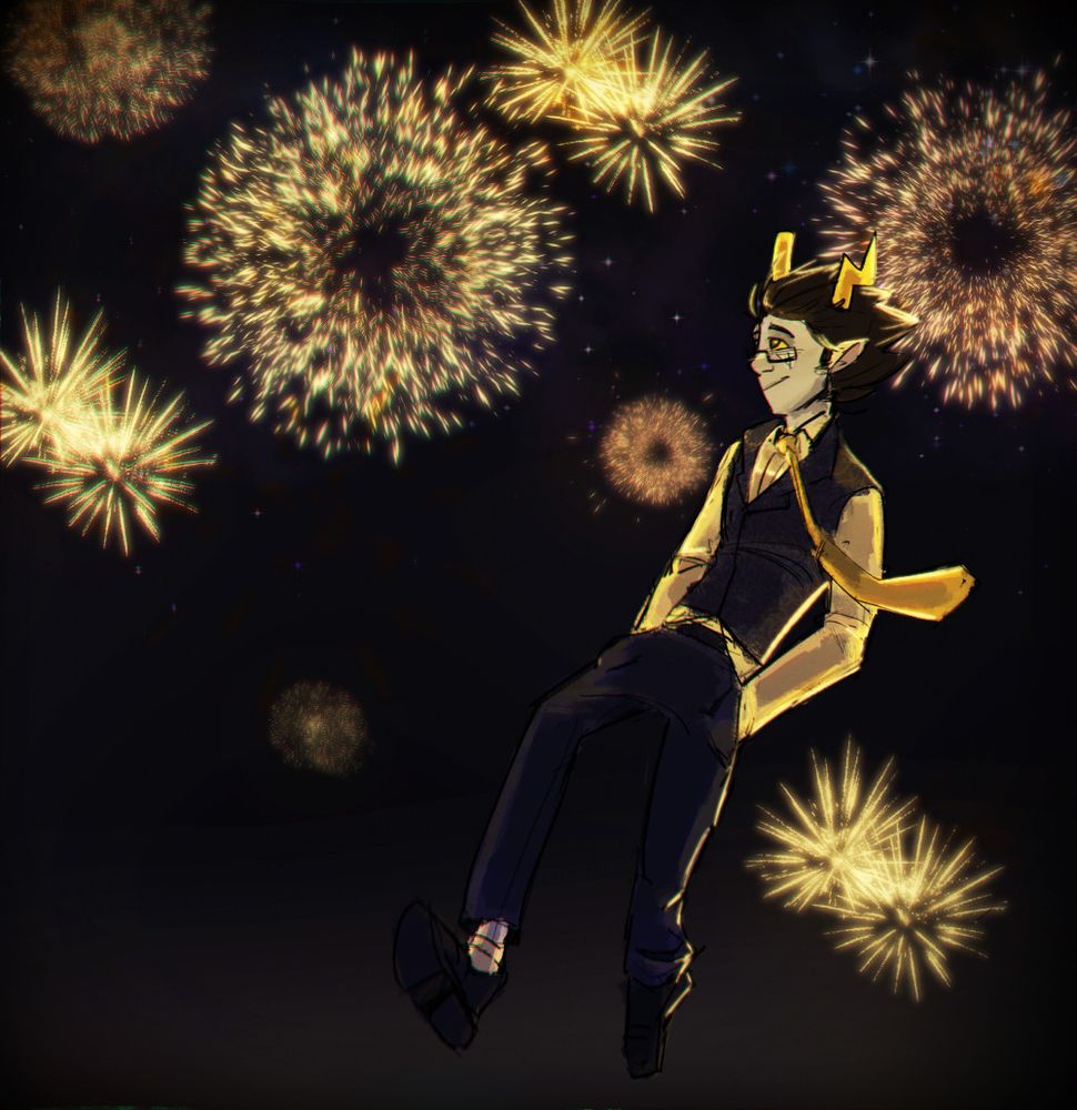 A square illustration of a fantroll floating in the night sky in front of several bursts of yellow fireworks. The character is tall and skinny, wearing navy pants and vest with a yellow dress shirt and gold tie flapping in the wind. He has spiky black hair, glasses, and gold horns. He is looking up wistfully/happily. 
