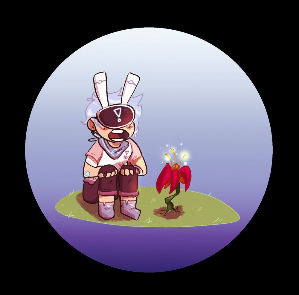 A cartoon illustration of a humanoid sitting in front of a red magical flower. The humanoid has a futuristic visor that is displaying a blue exclamation point. He is wearing a pink and white t shirt, black pants, blue shoes, and black fingerless gloves. He is sitting on a small circle of grass with a surprised expression. The visor has two white bunny ears coming out of its top, and he has pale blue hair that drips like water.