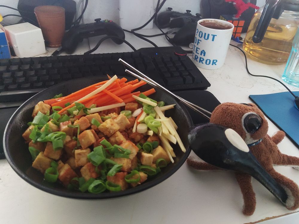 A plush octopus next to a bowl of pasta (instant ramyeon with fried tempeh, carrots, ginger, and green onion)