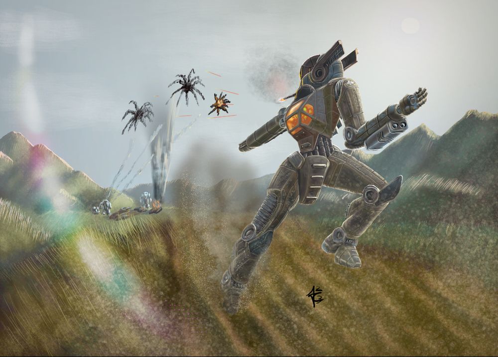 a mecha runs toward the camera along a dirt road, twisting its torso to aim its right arm weapon at pursuing forces
in the distance, projectiles explode in midair as defensive machine gun fire destroys them
a group of distant hostile mecha gleam in the sunlight as they pursue the runner through a mountain pass