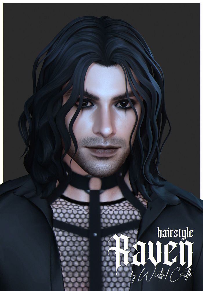 A portrait of a man with pale skin, black wavy hair and black eyes. He wears black gothic outfit and make up. 