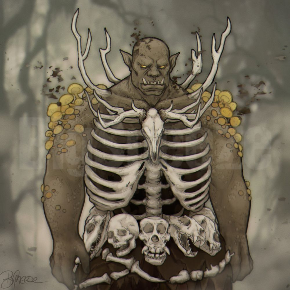 A brown, male orc stands in a gloomy swamp. The collarbones are growing out of his body. His upper body consists of an exposed rib cage, which is adorned with a deer skull on top. Yellow mushrooms grow from the shoulders and arms. He wears various animal skulls around his waist.