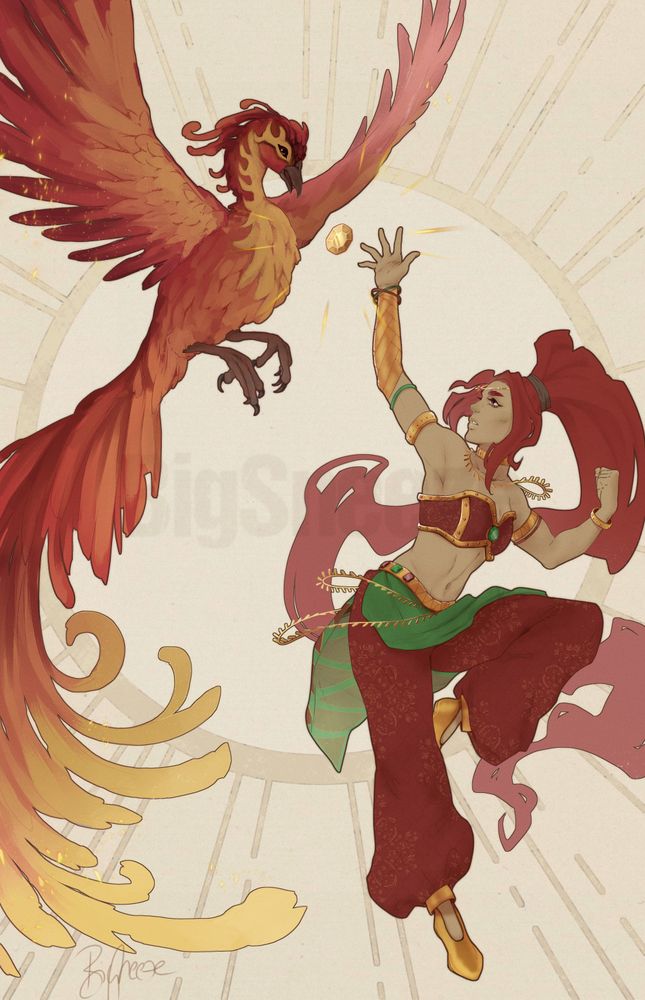 In the upper left corner, in the air, a phoenix with long, voluminous tail feathers imposingly is spreading its wings. Diagonally from it, in the lower right corner, a woman with flowing red hair and an oriental-inspired appearance also is floating in the air in an elegant pose. Turning her upper body towards the phoenix she is stretching out her hand for a yellow diamond, which the phoenix seems to be offering her.