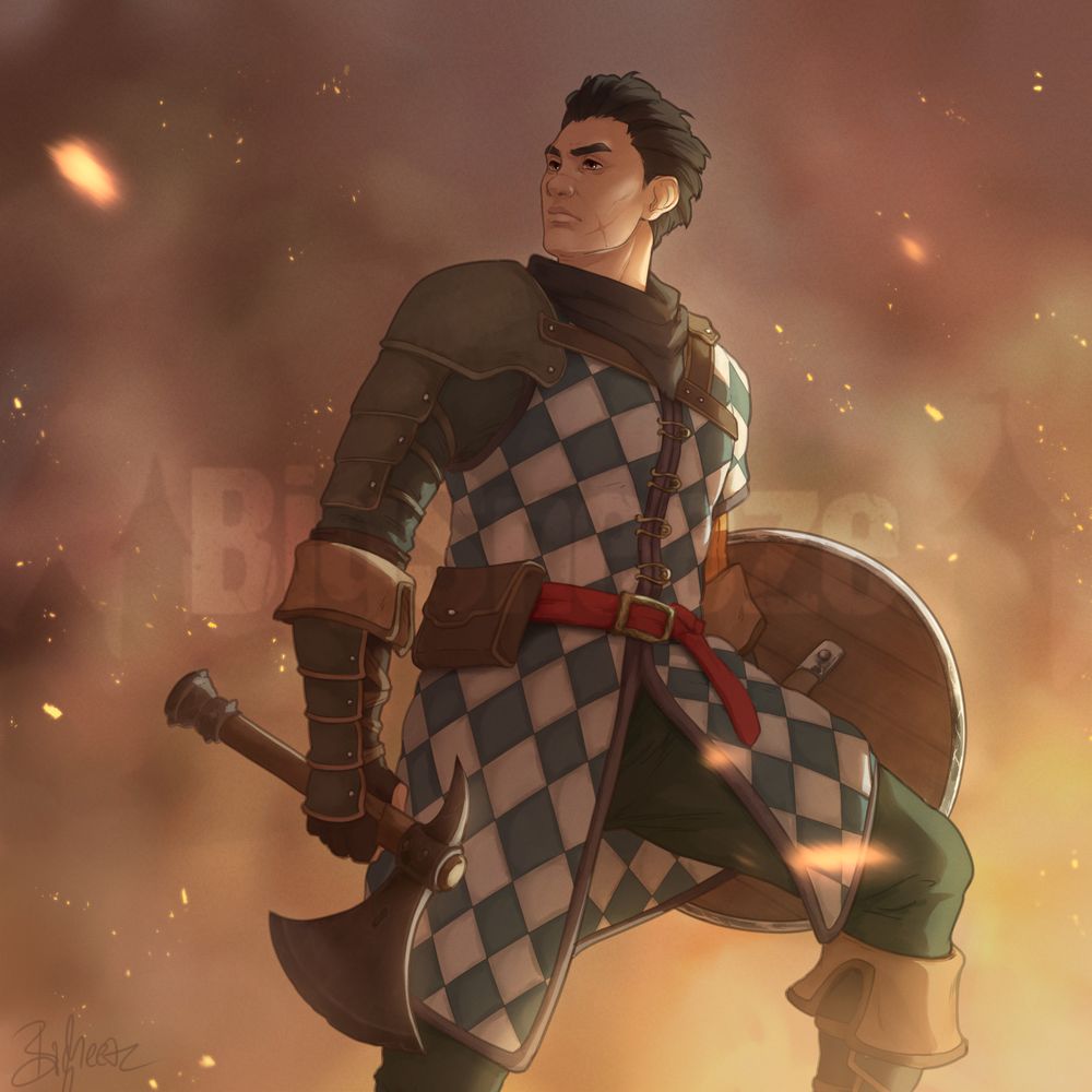 A male character with short slicked back black hair and multiple scars on his face is standing in front of a backdrop with clouds of smoke. Wild sparks of fire are flying through the picture. Through the thick smoke, buildings can be vaguely seen in the background. The warrior is protected by leather armor and gambeson. In his left hand he is holding a round wooden shield and an axe in his right. His gaze is following his upper body which is turned slightly backwards.