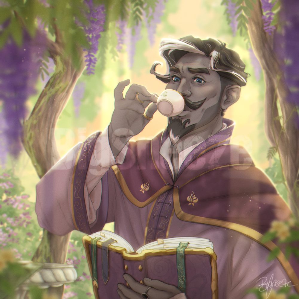 A human wizard with ashen skin, a shapely mustache and goatee, black and white hair, and purple robes is sitting in a lush garden on a spring morning, drinking tea and studying a magic tome. Gentle rays of light are shining through the wisteria canopy.