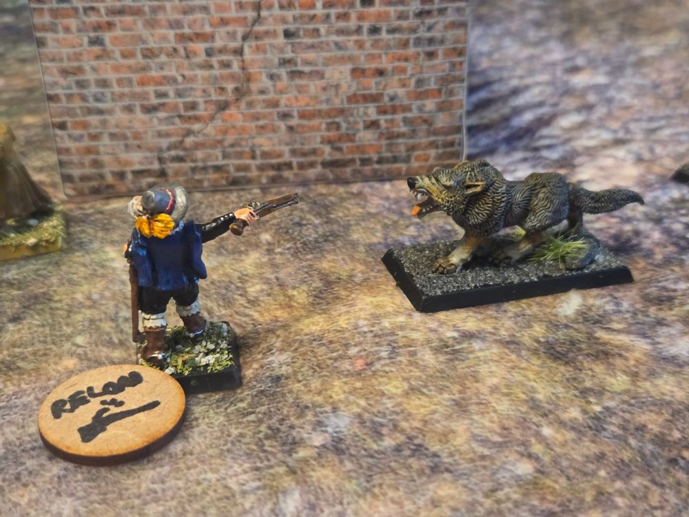 French musketeer aims a pistol at a snarling wolf