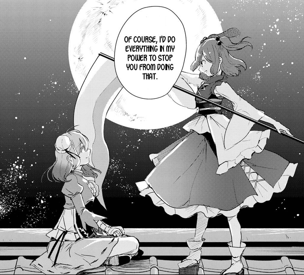 A panel from Wild and Horned Hermit. Komachi (who is standing) is smiling and saying "Of course, I'd do everything in my power to stop you from doing that" as she places her scythe on Kasen's (who is sitting) shoulder. Kasen is not speaking but is returning a gentle smile. They are on a roof in front of the full moon