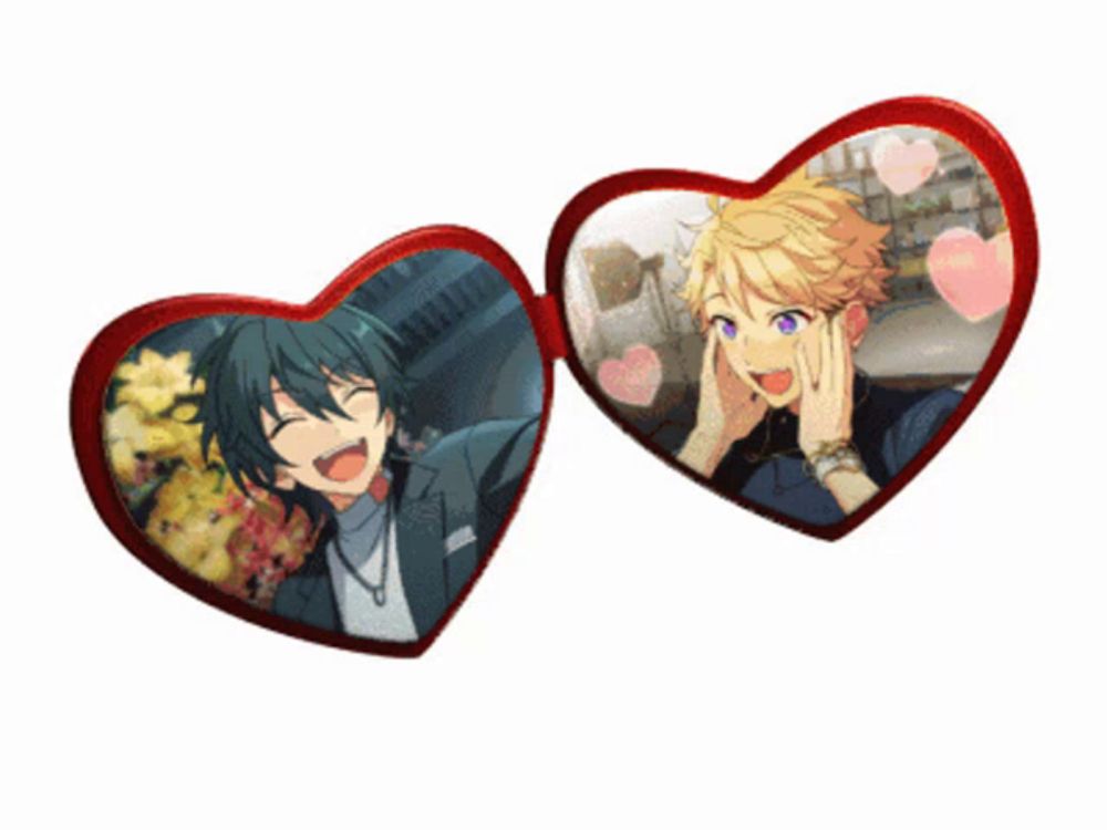 a pair of heart shaped glasses with two pictures of anime characters on them