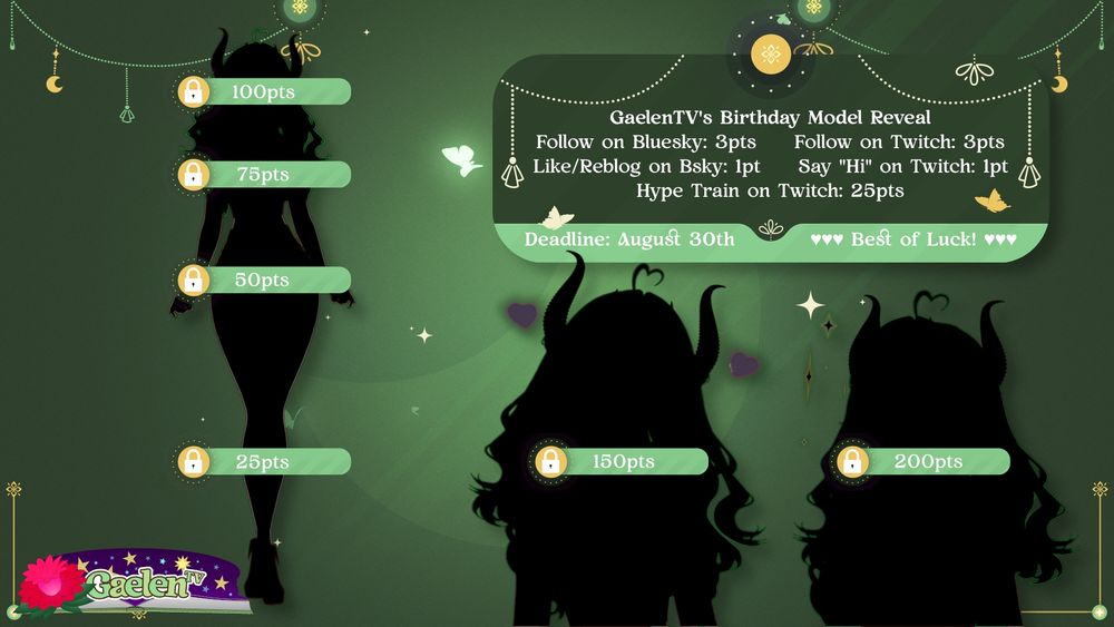 Reveal screen with a silhouetted figure, covered in four locks, and two silhouetted bust shots, each with a lock of their own. A text box in the upper right reads "GaelenTV's Birthday Model Reveal: Follow on bsky: 3 points. Follow on Twitch: 3 points. Like/Reblog on bsky: 1 point. Say "hi" on Twitch: 1 point. Hype Train on Twitch: 25 points. Deadline is August 30th. Best of Luck!
Top to bottom, the figure has:
100 points
75 points
50 points
25 points
The bust shots have 150 points, and 200 points on them.

All interactions will be recorded on a day-by-day basis. Pieces will be revealed whenever I have time.