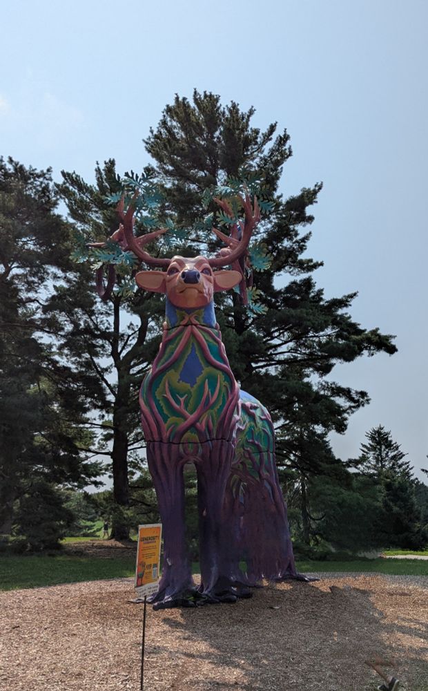 A huge, colorful white-tailed deer sculpture. Its legs look like gnarled purple tree trunks, and there are leaves sprouting from its antlers.  The deer stands in a wood chip-lined clearing in front of a copse of evergreen trees.

The legs look a little mushy in this picture because I used a magic eraser tool to remove a group of children (who were gathered around the deer's legs) from the photo.