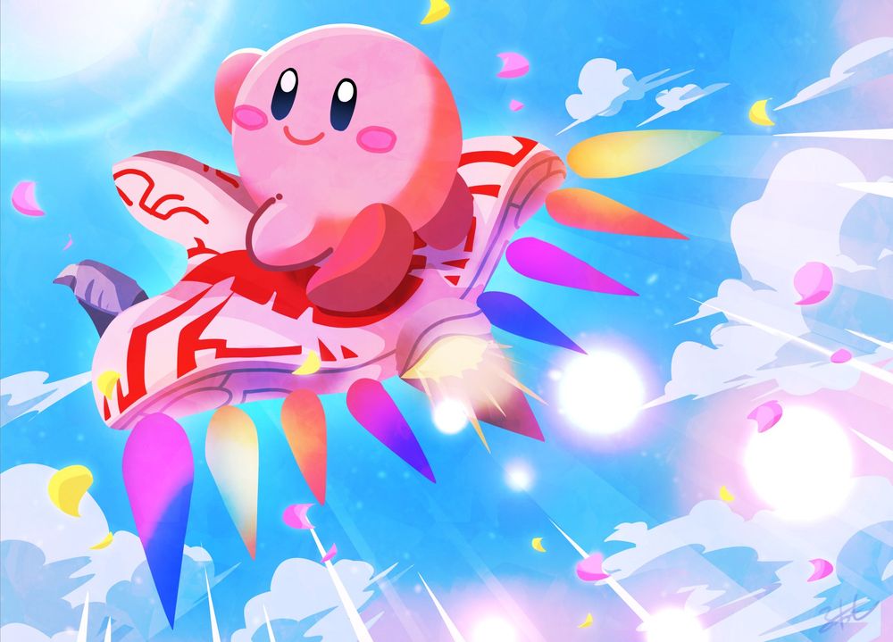 An artwork inspired by Kirby Air Ride, featuring Kirby riding the Dragoon and waving.