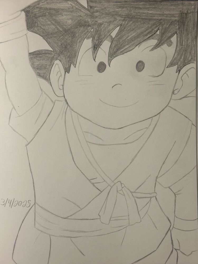 Sketch of Goku from Dragon Ball Daima where he was turned into a child. He is looking up with his right hand raised to the sky.