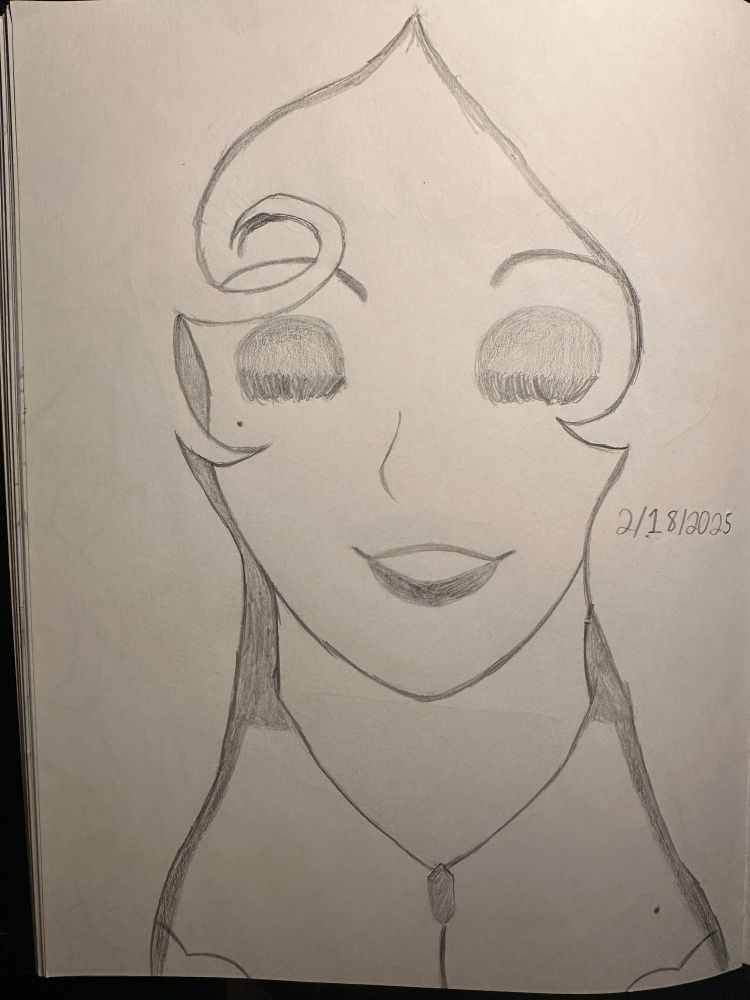 Sketch of a smiling woman with her eyes closed and her hair covering most of her upper body 