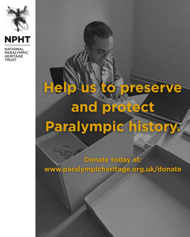 A black and white image of one of our trainees listing the contents of one of our archive boxes. 
Gold text over the top reads:
'Help us to preserve and protect Paralympic history.
Donate today at www.paralympicheritage.org.uk/donate