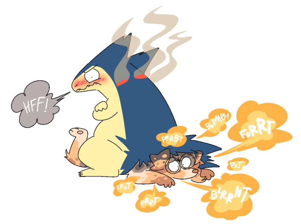 Typhlosion sitting on quill and farting while huffing grumpily and blushing