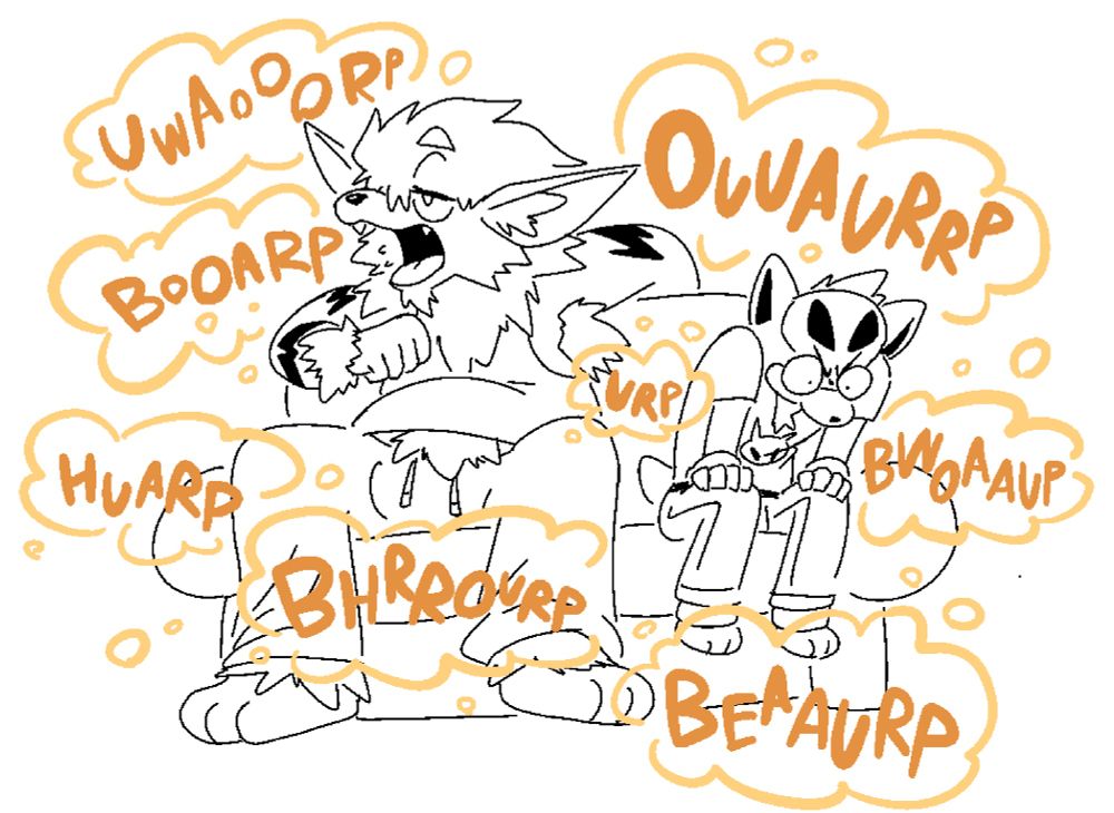 An anthro Arcanine and Houndour sitting on a couch next to each other. The Arcanine keeps repeatedly belching nonstop much to the Houndour’s frustration 